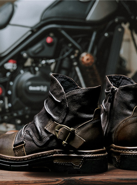 哈雷机车夏季骑行马丁靴美式复古男鞋阿美咔叽摩托牛皮冬季伞兵靴