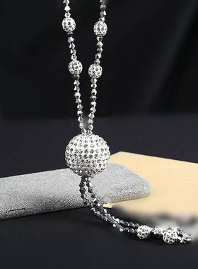 韩版新款水钻圆球链长款女水晶珠子项链百搭挂饰搭配衣服饰品时装