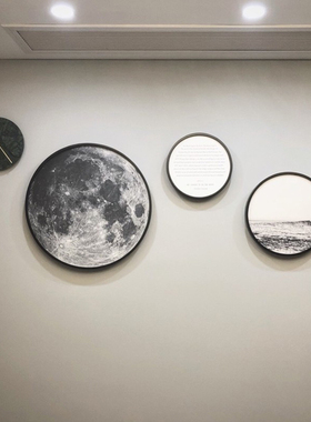 北欧风格装饰画餐厅现代简约实木ins壁画客厅墙圆形挂画黑白 月球