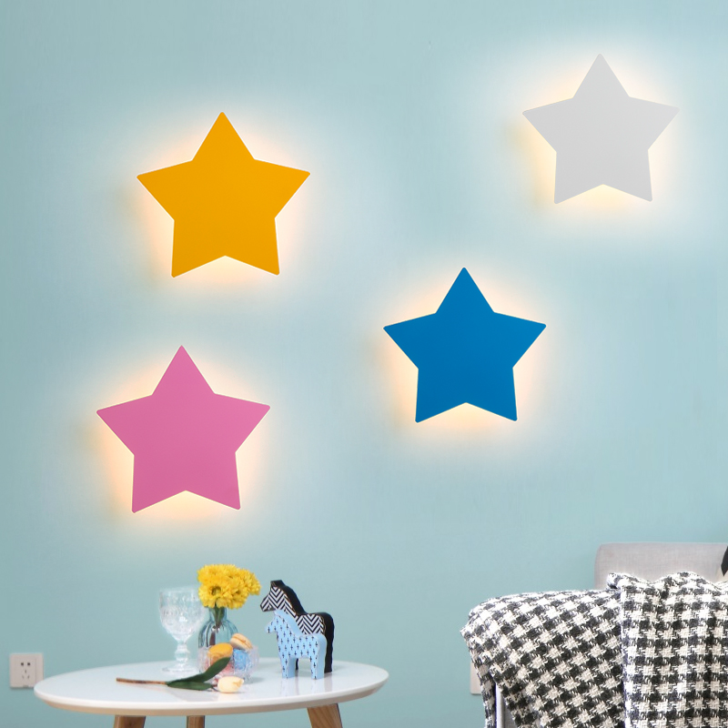 卧室书房白色粉色人气简约现代儿童房创意床头LED灯客厅星星壁灯