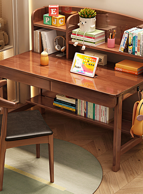 家用实木儿童书桌写字桌简约学生学习桌椅套装书房带书架办公桌