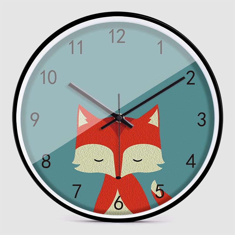 12寸细边框卡通动物狐狸挂钟创意个性书房卧室时尚儿童房静音钟表
