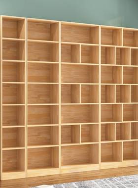 定制整墙一体实木书柜书架松木落地儿童满墙书房家用靠墙收纳格架