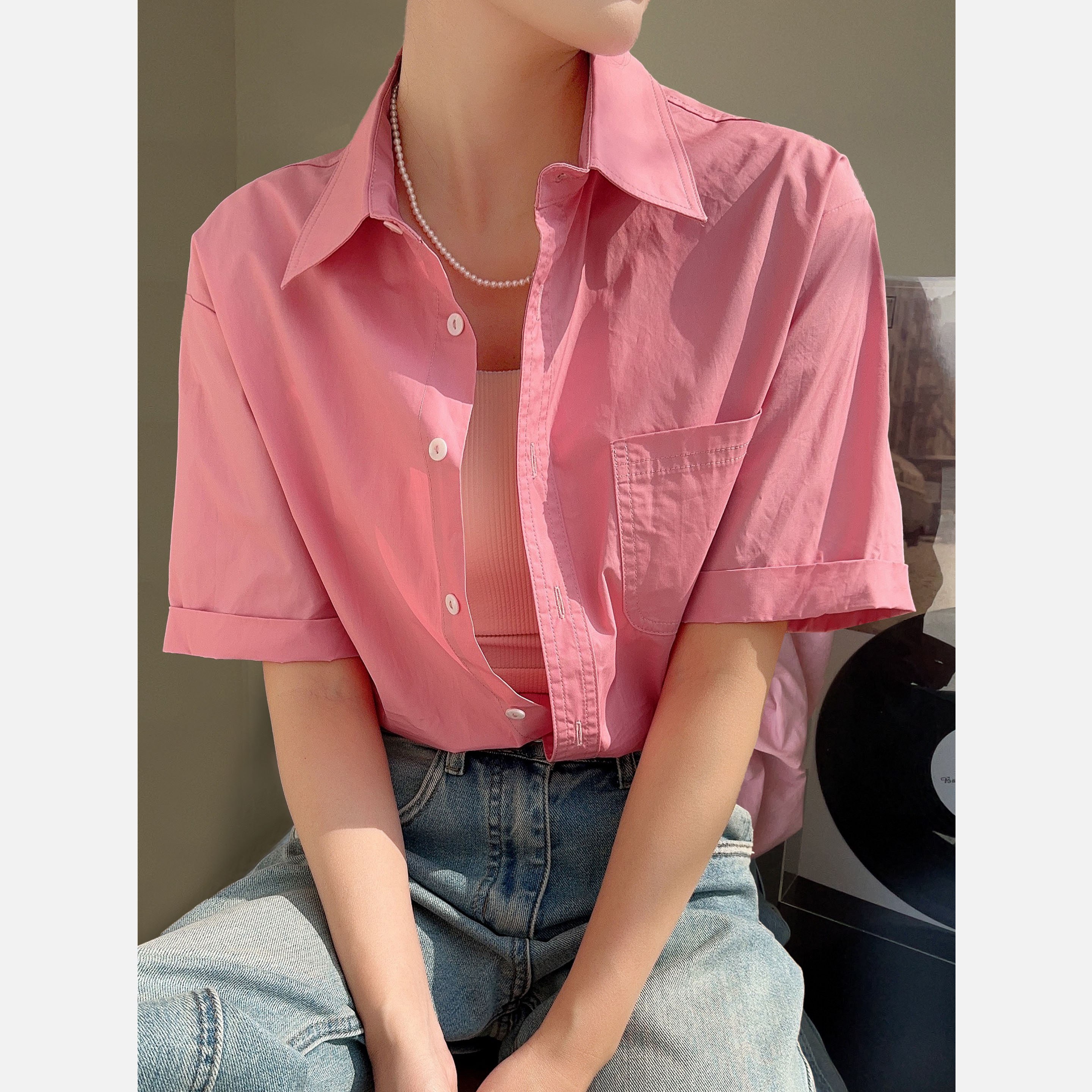 法式粉色短袖纯棉衬衫女夏季2024新款别致衬衣外套轻奢高级感上衣