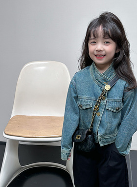 女童复古短款外套2024新款童装儿童牛仔衣韩版时髦女小童上衣春装