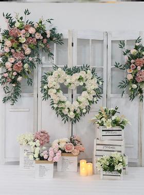 婚礼求婚橱窗花艺组合舞台背景板花套装花艺布置爱心木盒三角假花