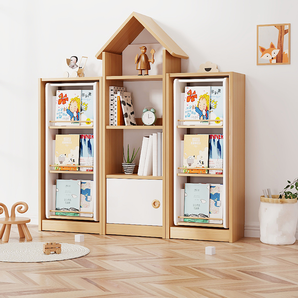 创意旋转书架落地简易置物架落地置物架卧室实木书架实木儿童书柜