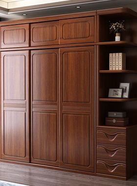 中式胡桃实木一体推拉门大衣柜家用卧室现代简约储物柜多功能衣橱
