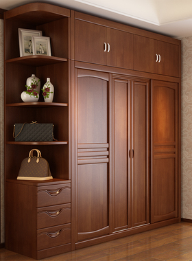 中式全实木衣柜大容量 整体原木推拉门柜子 卧室家用四门橡木衣橱