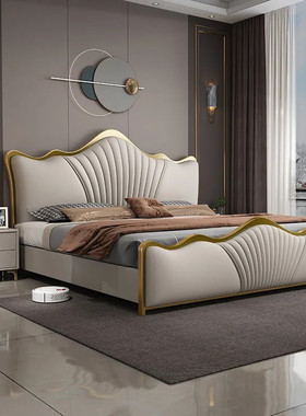 卧室轻奢真皮床双人床1.8米主卧大床现代简约高端大气软包床婚床