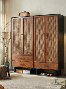 新中式实木藤编衣柜卧室家用小户型储物柜现代简约收纳置物柜定制