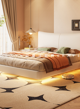 奶油风悬浮真皮床1.8m小户型主卧室双人大床现代简约高箱储物婚床