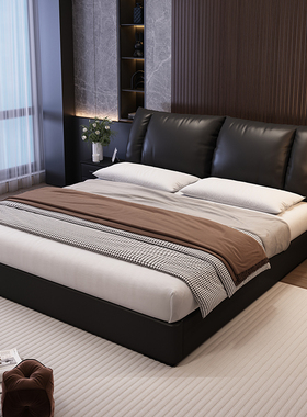 新款真皮床现代简约1米8双人主卧室高端大气实木软包储物黑色大床
