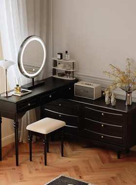 美式法式复古小户型卧室斗柜梳妆台一体可伸缩家用转角黑色化妆桌