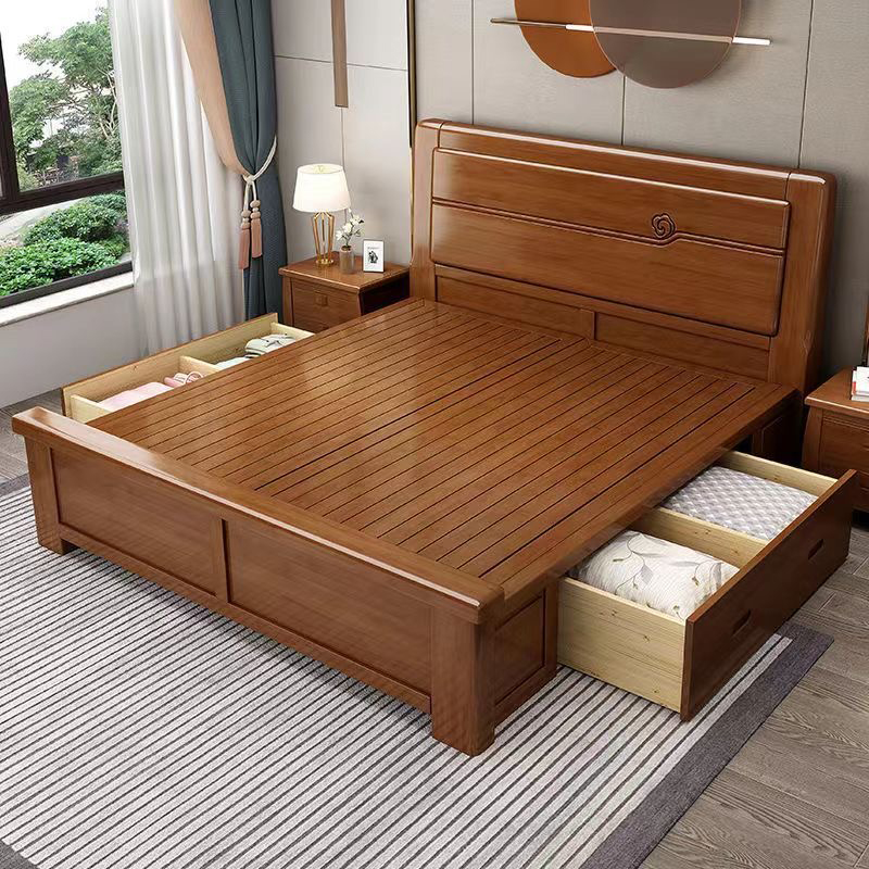 新中式实木床1.8米大床1.5M双人床经济型简约现代家具主卧室储物