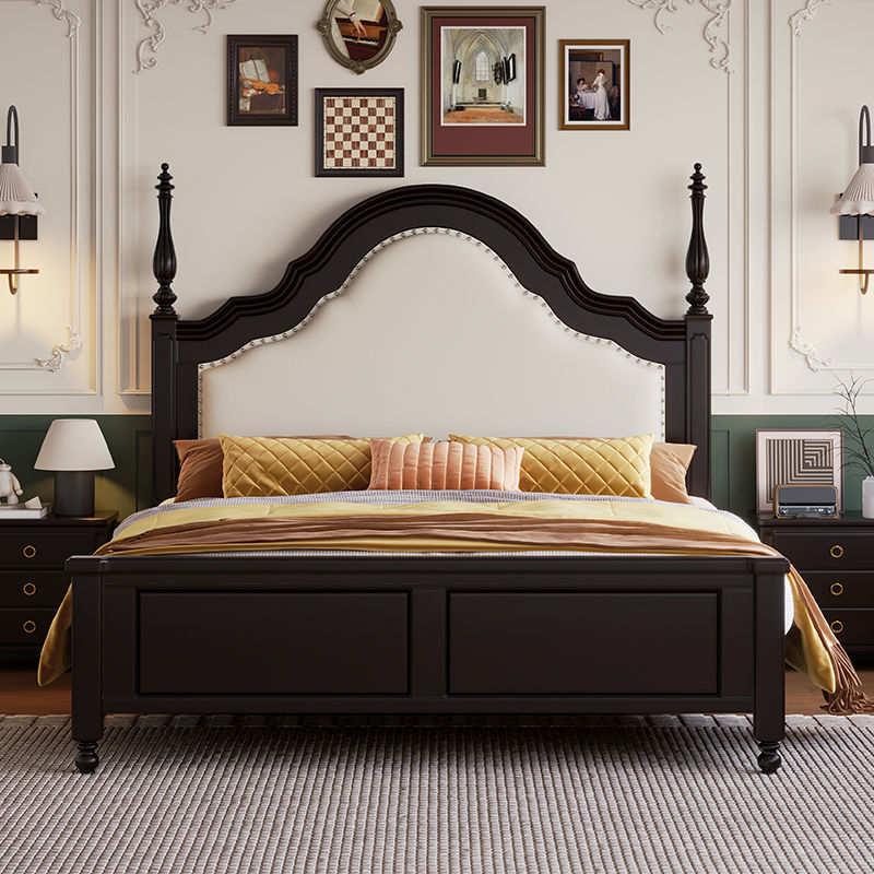 实木床美式复古轻奢黑色双人床主卧室高箱储物民宿中古风家具大床