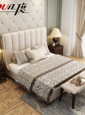 美式乡村实木1.8双人大床现代简约桃花心木布艺软包床主卧室家具