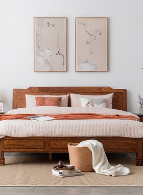 新中式实木床简约主卧老榆木加厚双人床1.5米1.8米储物床卧室家具