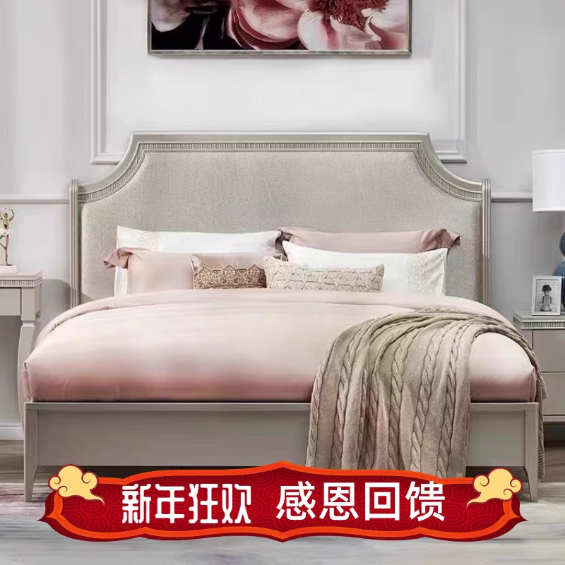 美式轻奢卧室床全榉木实木简约卧室公主欧式高端法式床布艺床头柜