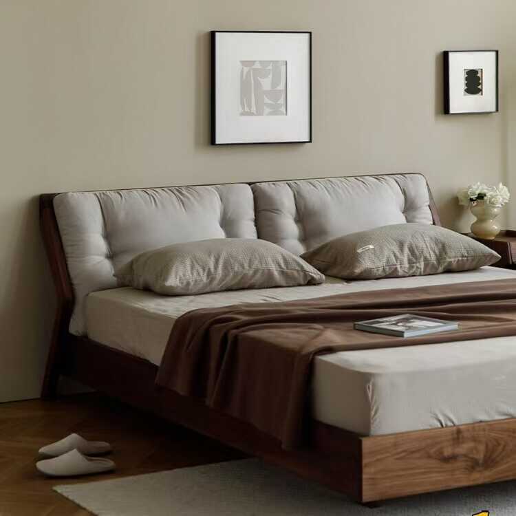 妙梵北美黑胡桃全实木双人床1.8米现代简约布艺软靠卧室婚床