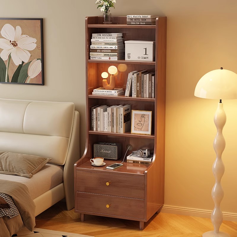 实木床头柜书架一体多层置物架卧室床边加高储物柜小型窄款收纳柜