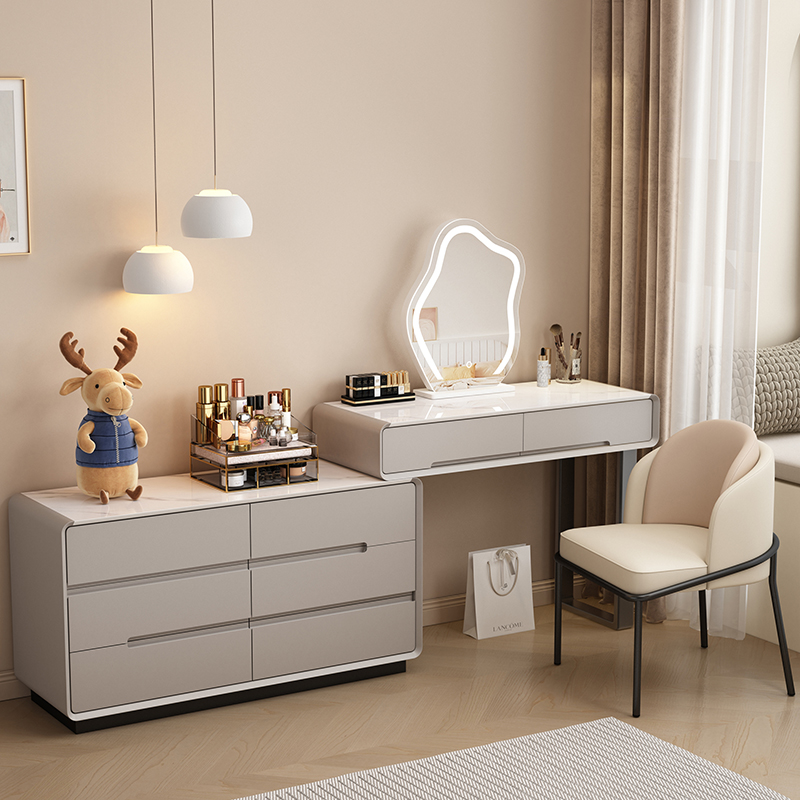 岩板实木烤漆主卧梳妆台斗柜一体卧室高级感现代简约化妆桌白灰色