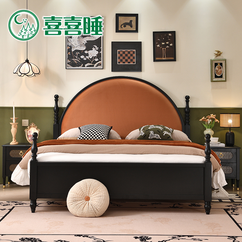 美式复古实木床卧室1.5/1.8米法式黑色大床美拉德风家具绒布软包
