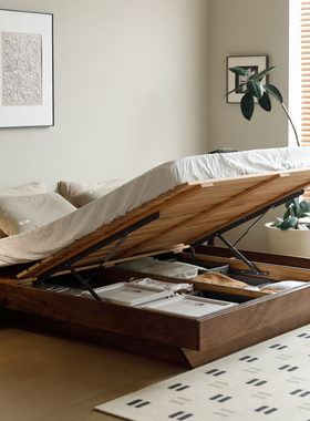 北欧黑胡桃木箱体床实木日式小户型无床头储物床1.8米双人卧室床