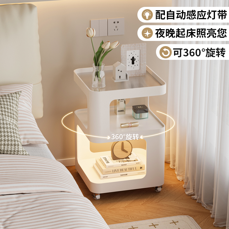 小型床头柜简约现代家用卧室床头置物架子带灯铁艺创意可移动边几