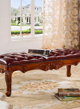 美式实木床尾凳凳实木雕刻脚踏换鞋凳卧室床尾欧式布艺床前凳长凳