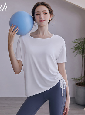 瑜伽服上衣女夏季宽松遮肚子专业健身房运动t恤短袖套装罩衫白色