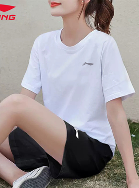 李宁运动套装女2024夏季新款白色宽松休闲短袖短裤两件套跑步服装