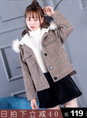 2018冬新款韩版格子毛呢大衣小个子加厚短款毛绒绒学生外套 女潮