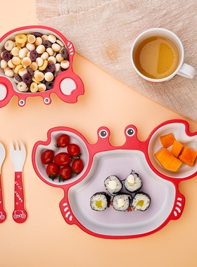 竹纤维儿童餐具婴儿吃饭辅食碗宝宝分格餐盘卡通螃蟹可爱叉勺套装