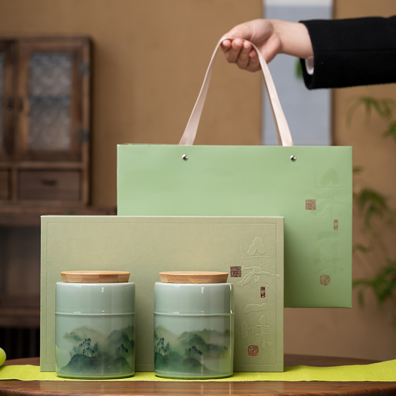 新款绿茶茶叶包装盒空盒明前龙井碧螺春信阳毛尖陶瓷罐礼盒装定制