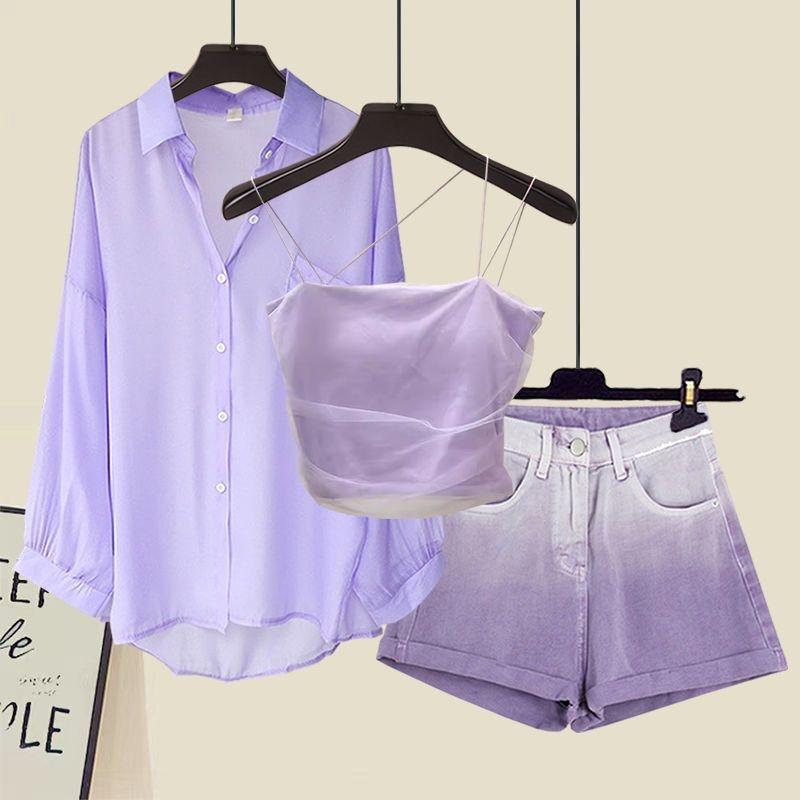 夏装搭配一整套女多巴胺时尚减龄衬衫外套紫色吊带牛仔短裤三件套