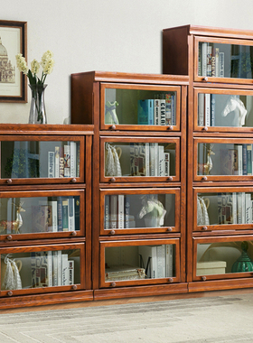 美式实木书柜储物收纳柜家用落地矮柜玻璃门组合书橱靠墙防尘书架