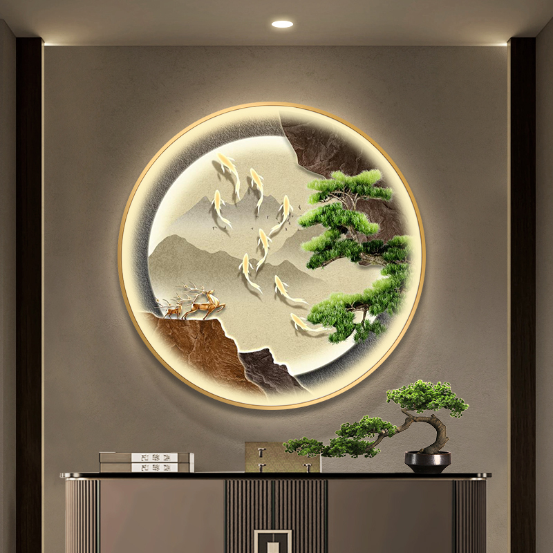 新中式玄关走廊装饰画LED发光氛围灯画九鱼呈祥客厅餐厅圆形壁画