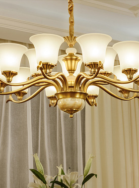 美式全铜客厅灯餐厅吊灯简约现代欧式轻奢大气别墅主卧室房间灯饰