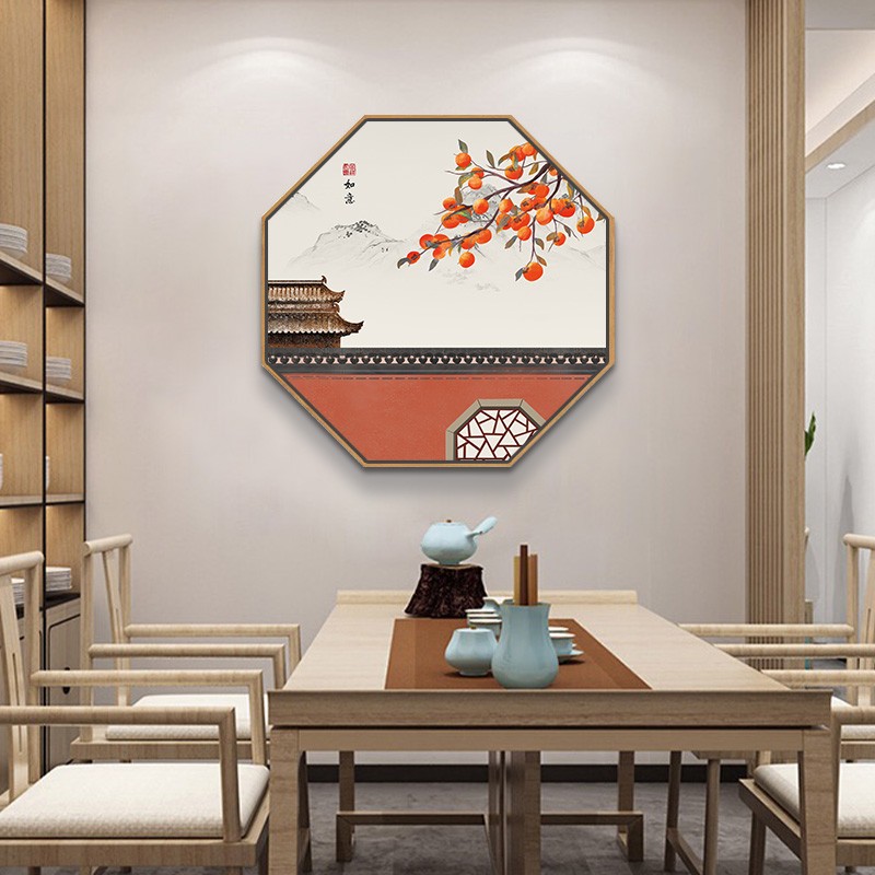 新中式挂画事事如意装饰画八边形客厅玄关走廊背景墙餐厅包厢壁画