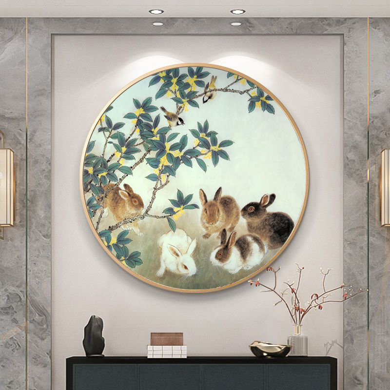新中式兔子玄关圆形装饰画生肖兔风水画客厅挂画国画餐厅卧室壁画