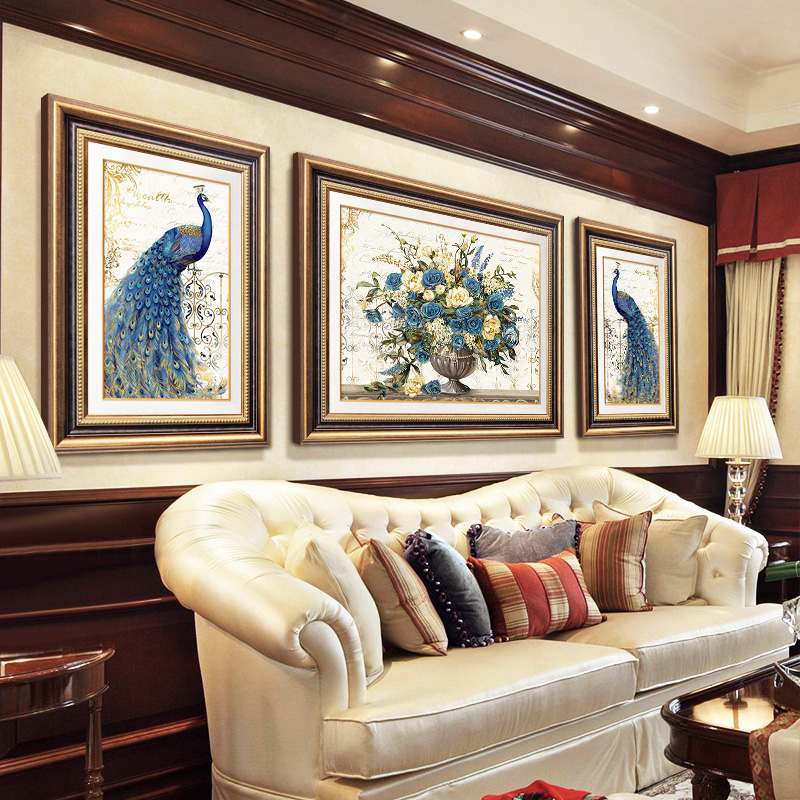 美式孔雀沙发背景墙装饰画墙画欧式大气酒店定制客厅餐厅壁画挂画