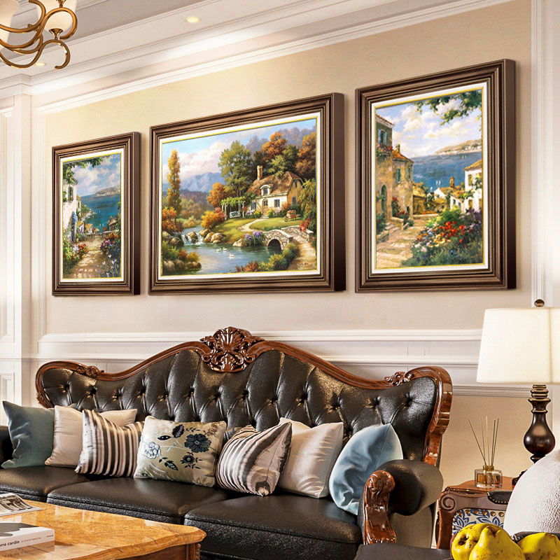 客厅装饰画美式壁画三联餐厅正品油画肌理山水风景沙发背景墙挂画