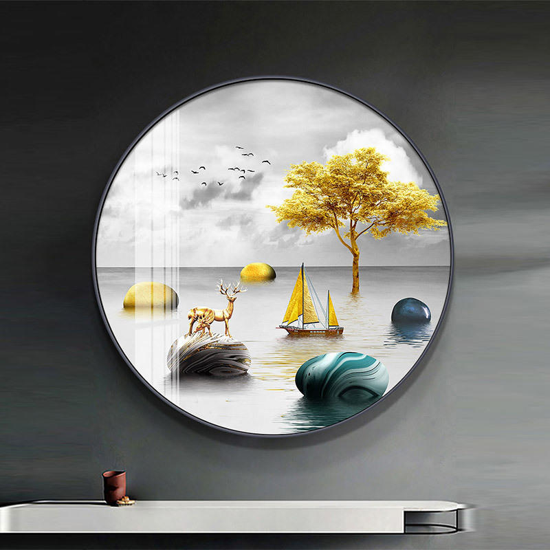 轻奢圆形客厅装饰画北欧沙发背景墙圆形创意壁画大气玄关餐厅挂画