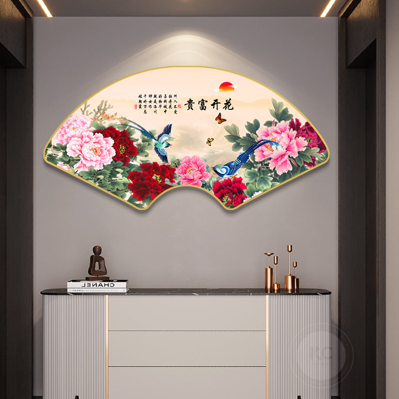 新中式玄关装饰画富贵牡丹花客厅茶室挂画入户走廊餐厅背景墙壁画