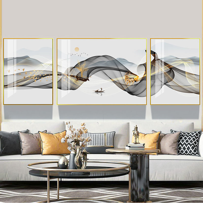 客厅装饰画现代轻奢简约铝合金有框三联画沙发后餐厅客厅背景挂画
