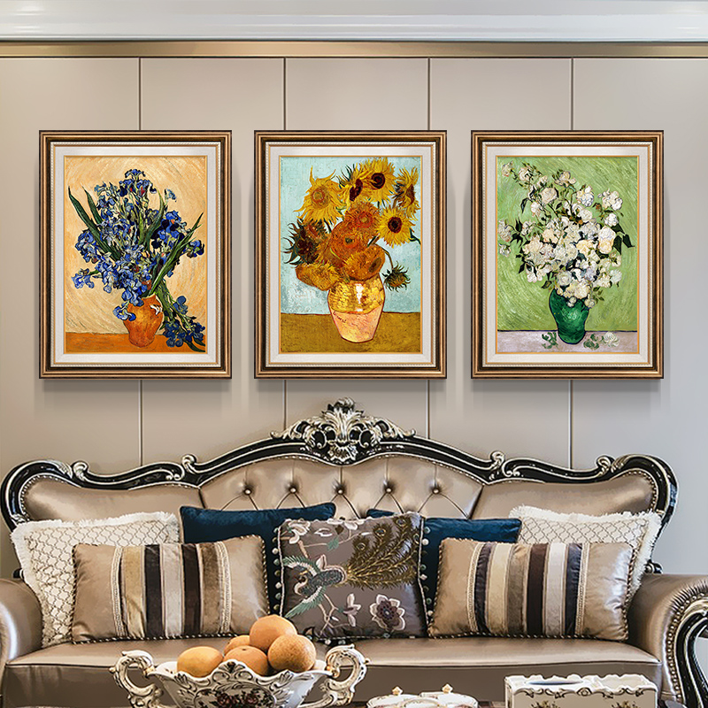 梵高向日葵装饰画欧式餐厅玄关墙壁画美式客厅沙发背景墙三联挂画