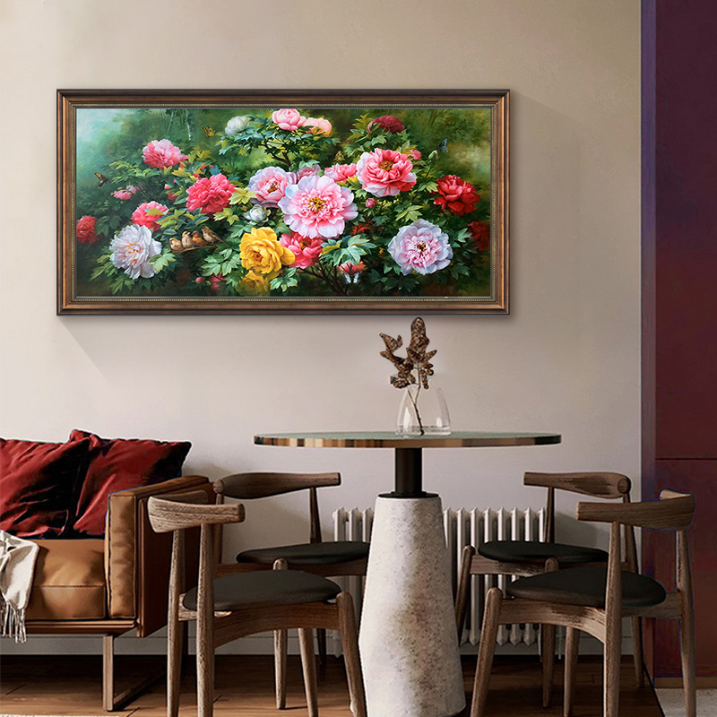 牡丹花卉客厅油画美式卧室装饰画欧式餐厅壁画新中式花开富贵挂画