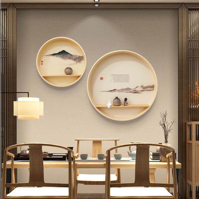 实木圆形禅意装饰画新中式客厅入户玄关挂画餐厅茶室日式水墨壁画