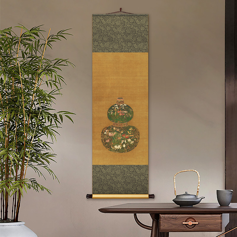 元代陈琳葫芦花瓶图中式客厅书房复古卷轴挂画茶室餐厅过道装饰画